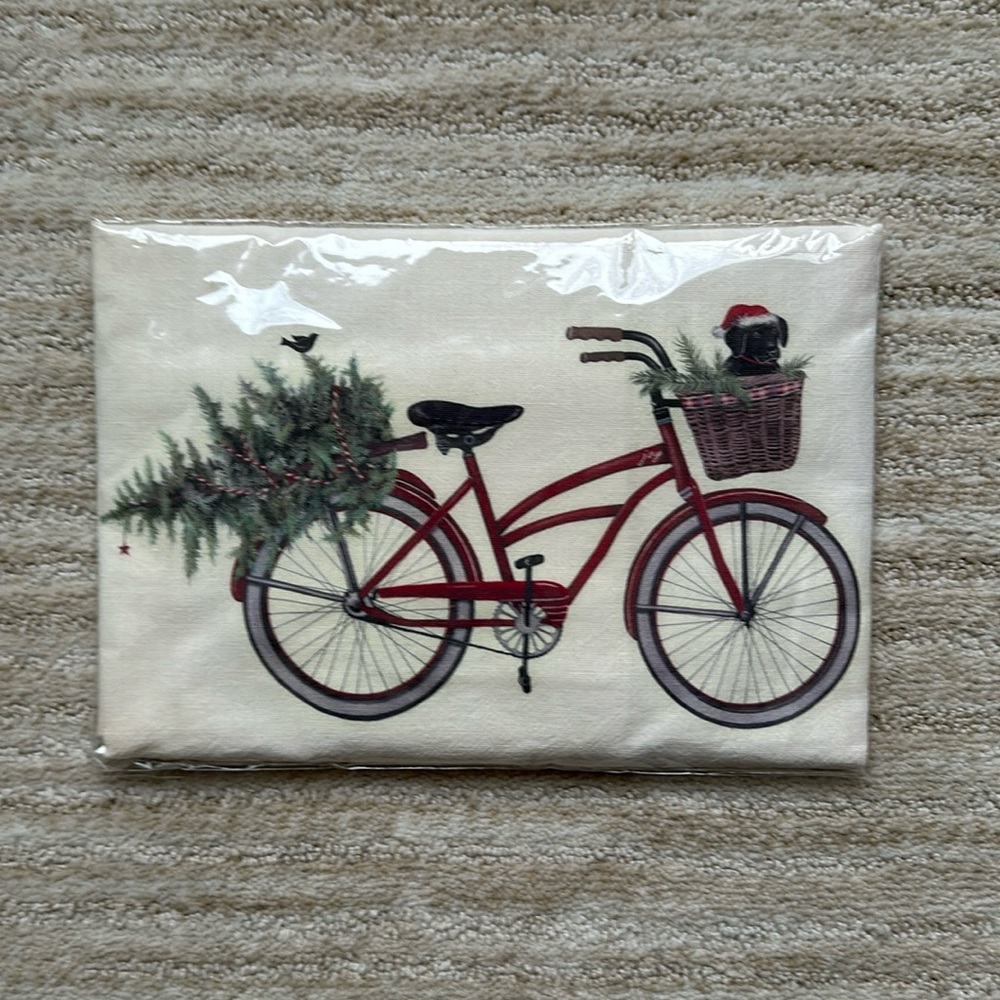 Mary Lake-Thompson Red Christmas Bike Black Labrador Dog Flour Sack Dish Towel